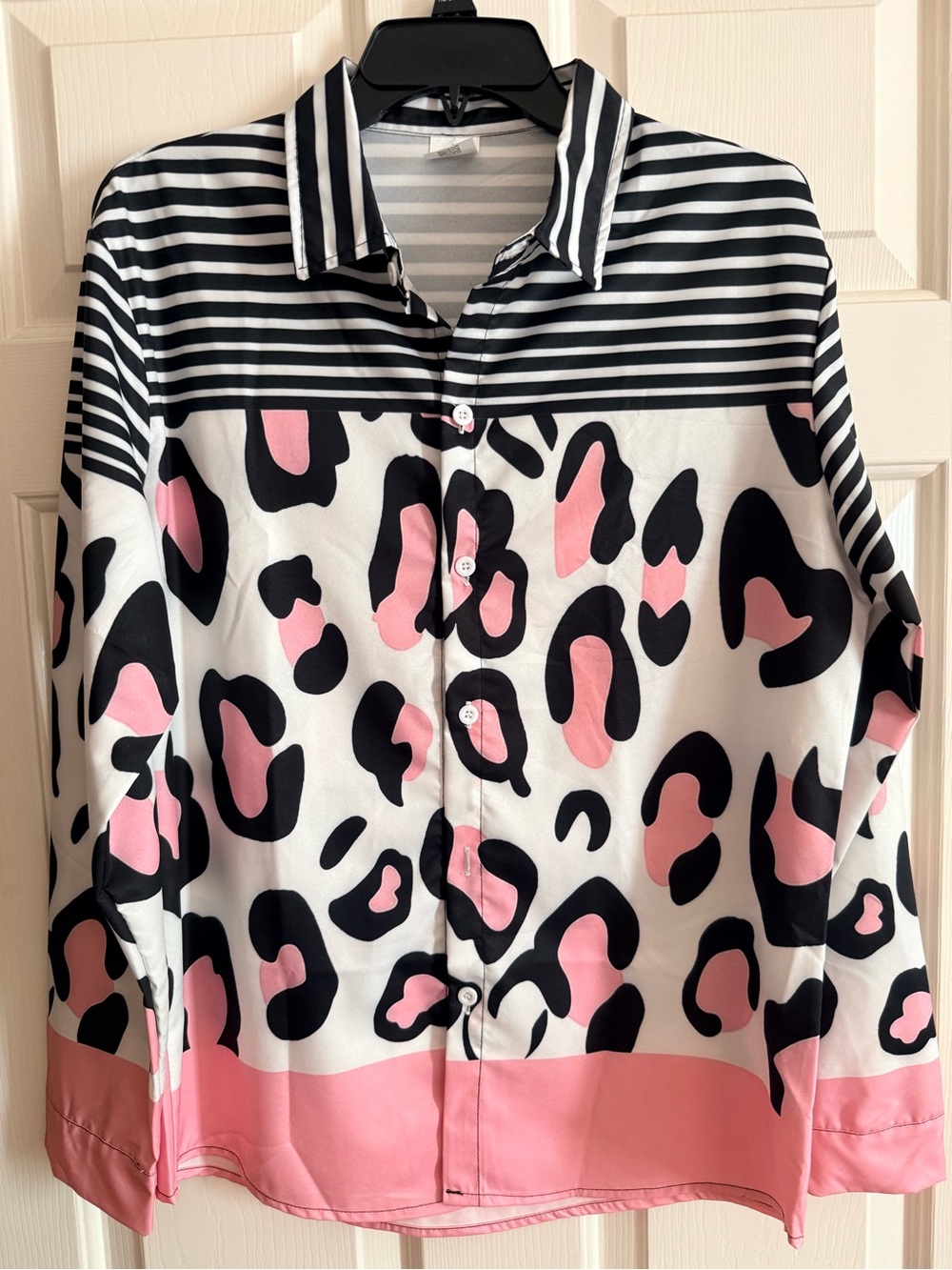 Striped Collar Large Pink & Black Leopard Button-Up Blouse